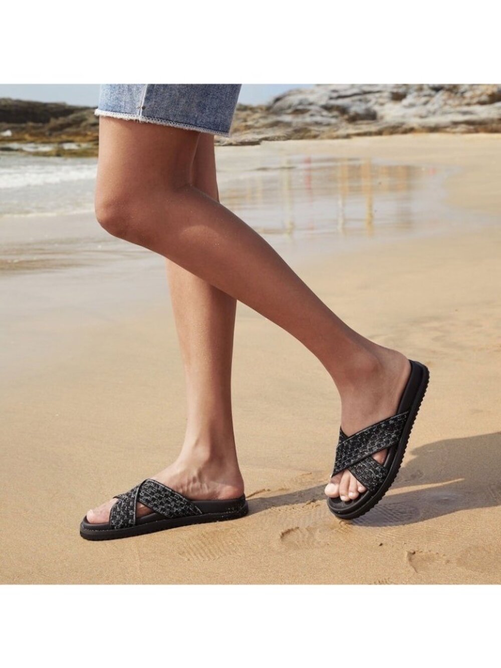 Vivaia Criss Cross Black Slip On Slides Sandals Shoes Open Toe Metallic 9 9.5